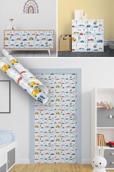 Dekoros Cute Car Pattern Adhesive Foil, Children's Room & Nursery Waterproof Decorative Covering Paper 1221