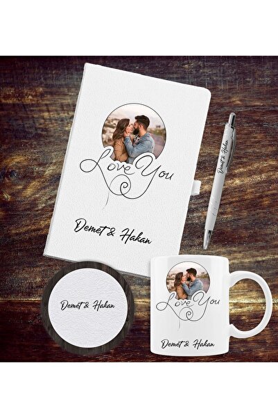 Yaprak Hediyelik Love You Yazılı Fotoğraflı Ajanda, Kupa, Kalem Ve Bardak Alt...