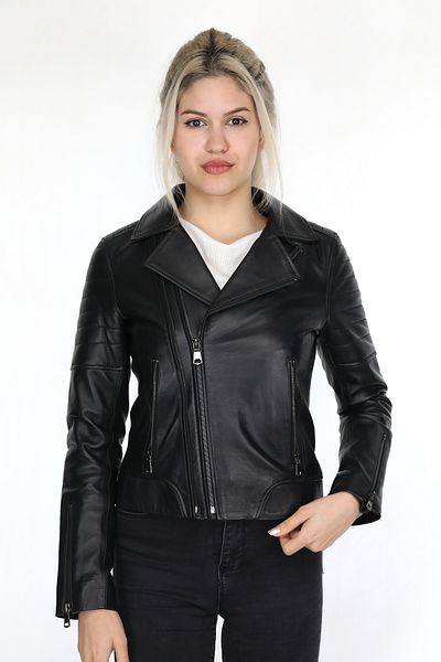 EGE DERİ GENUINE LEATHER BLACK WOMEN COAT WITH DOUBLE ZIPPER