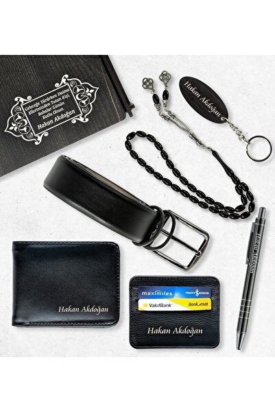 Yaprak Hediyelik Kişiye Özel Ahşap Kutusunda Cüzdan Tespih Kemer Kalem Kartlık Anahtarlık Seti
