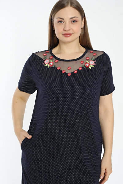 İntensive women navy blue polka dot short-sleeved tulle and embroidery detail plus size short-sleeved dress