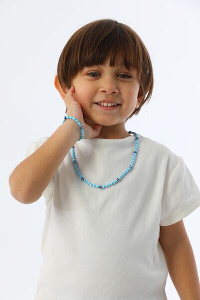 Akmer Nazar boncuklu mavi erkek çocuk kolye bileklik seti