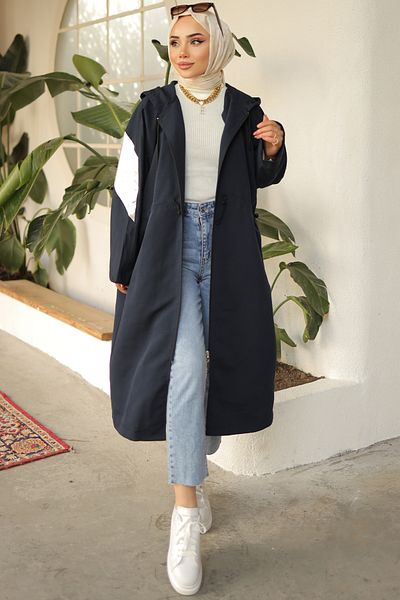benguen 61658 Shiny Sleeve Detailed Trench Coat Black