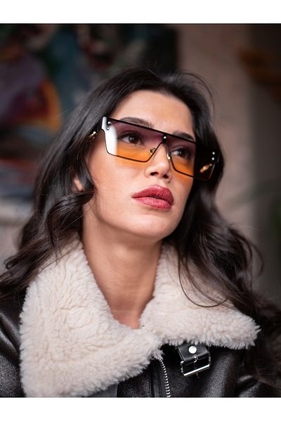 TomyHelf Rectangular Design Gold Tiger Detailed Black Frame Yellow Gradient Glass Women's Sunglasses