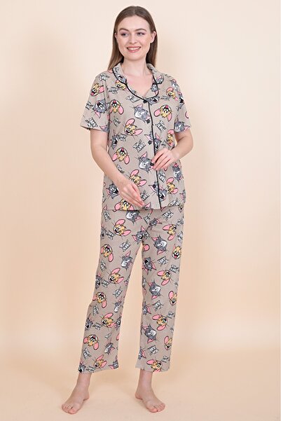 Le Savu طقم بيجامة منقوشة على شكل قطة وفأر بأكمام قصيرة باللون الأحمر Sevunera