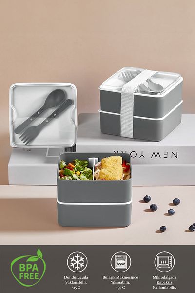 Meleni Home 2-Layer Adjustable Square Lunch Box - Food Storage Box with Fork and Spoon Service Anthracite