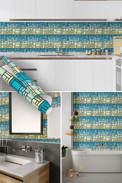 Dekoros Modrian Geometric Pattern Adhesive Foil, Blue Yellow Shaped, Water Resistant Covering Paper 1003