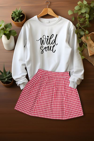 ADA BEBEK ÇOCUK Wild Soul Plaid Sweat Skirt and Top Set - Stylish Bottoming Top Set