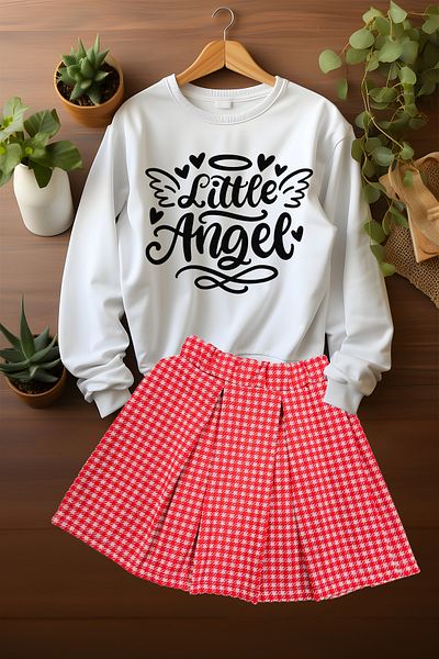 ADA BEBEK ÇOCUK Stylish Plaid Skirt Little Angels Sweat Skirt Bottom Top Set