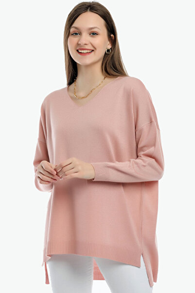 ALCHON سترة تريكو أساسية فضفاضة ذات رقبة على شكل حرف V وأكمام طويلة وظهر طويل وفتحة أمامية قصيرة