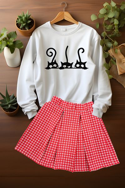 ADA BEBEK ÇOCUK Stylish Plaid Skirt Cute Friends Sweat Skirt Bottom Top Set