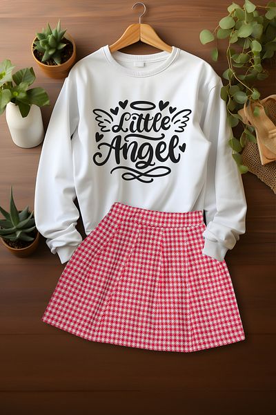 ADA BEBEK ÇOCUK Stylish Plaid Skirt Little Angels Sweat Skirt Bottom Top Set