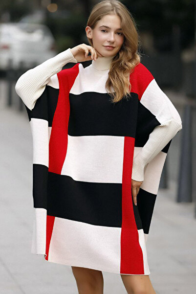 ALCHON Turtleneck Long Ribbed Sleeve Color Block Plaid Midi Length Loose Cut Winter Knitwear Poncho Sweater