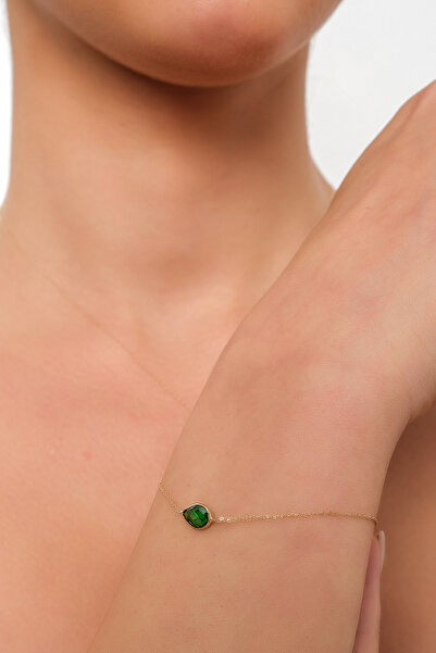 Side Gold Kuyumculuk 14 Ayar Sarı Altın Forse Zincir Yeşil Damla Taşlı Bileklik