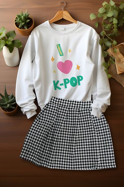 ADA BEBEK ÇOCUK Stylish Plaid Skirt Patterned Sweat Skirt Bottom and Top Set