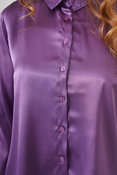 Z GİYİM Women's Purple Flowing Viscose Basic Satin Shirt