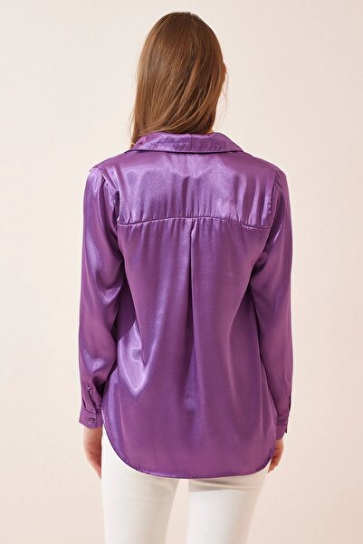 Z GİYİM Women's Purple Flowing Viscose Basic Satin Shirt