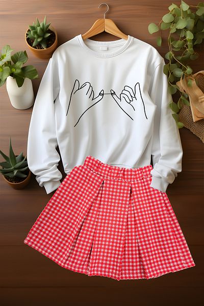 ADA BEBEK ÇOCUK Stylish Plaid Skirt Sweat Skirt Bottom Top Set