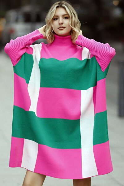 ALCHON Decolteu cu mâneci lungi cu nervuri, bloc de culoare, carouri, lungime midi, tricotaj de iarnă, tricotaj, poncho, pulover