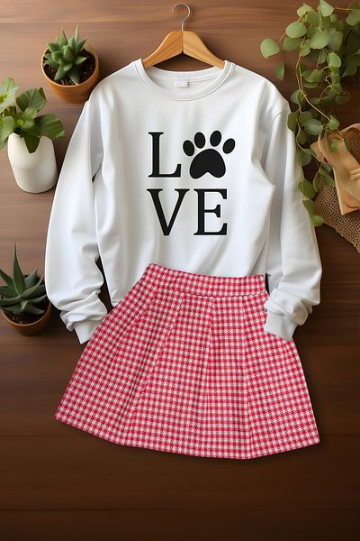 ADA BEBEK ÇOCUK Stylish Plaid Skirt Love Paw Sweat Skirt Bottom Top Set