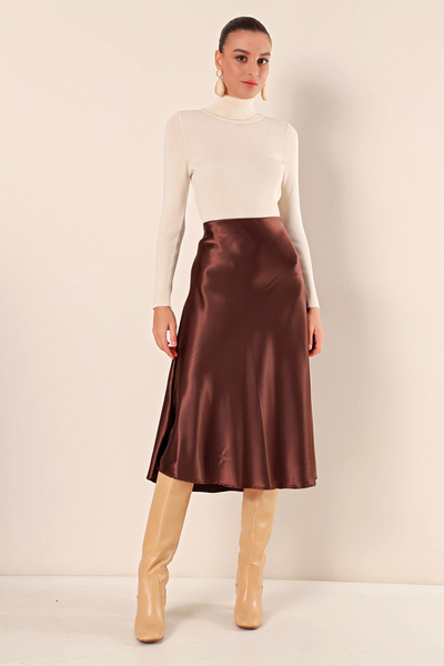 Z GİYİM Women's Brown Ankle Length Satin Skirt
