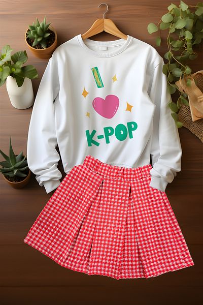 ADA BEBEK ÇOCUK Stylish Plaid Skirt Patterned Sweat Skirt Bottom and Top Set