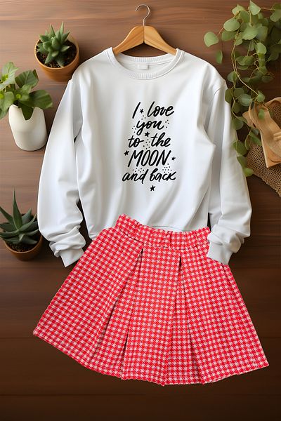 ADA BEBEK ÇOCUK Stylish Plaid Skirt Sweat Skirt Bottom Top Set