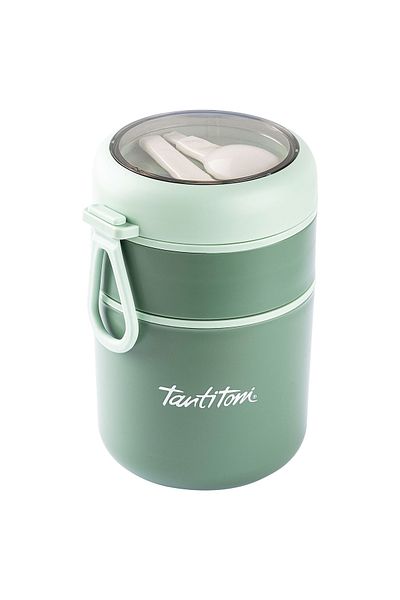 Tantitoni 036-01-TANTITONY GREEN STAINLESS STEEL ROUND 2-LAYER PLASTIC SPOONED FOOD CARRIAGE BOWL 710ML