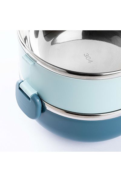Tantitoni 024-01-TEDEMEI BLUE STAINLESS STEEL ROUND 2-LAYER FOOD CARRIAGE BOWL WITH FORK AND SPOON 850ML