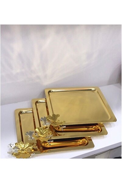 Elzem صينية تقديم مربعة من الفولاذ المقاوم للصدأ مطلية بالذهب مكونة من 3 قطع على شكل فراشة، خدمة وعرض تقديمي