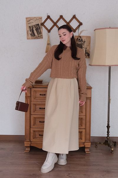 Ceylan Otantik Cream Cotton Skirt & Milk Brown Braided Crop Sweater Set