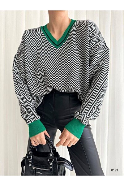 twomeey Pulover de damă, cu decolteu în V, cu model în zig-zag, cu mâneci, de...