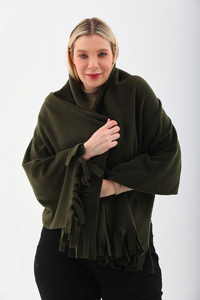Kardelen Butik Ümraniye Fleece Shawl Khaki Green with Tassels