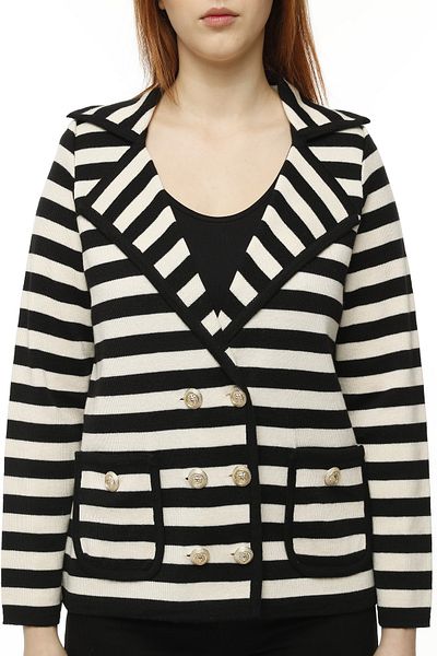 trikobis CROWACE CUTTED BLACK ECRU STRIPED STEEL KNITTING CUSTOM DESIGN STRICK CARDIGAN