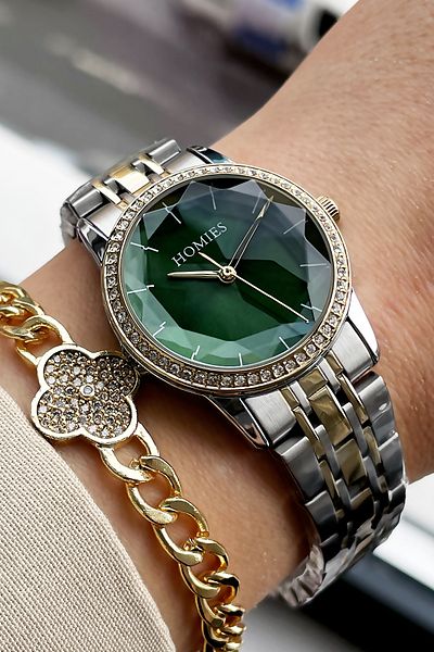 Homies Women's Wristwatch Cut Glass Waterproof with Two Colors Steel Cord Bracelet Gift Hmby2027c3