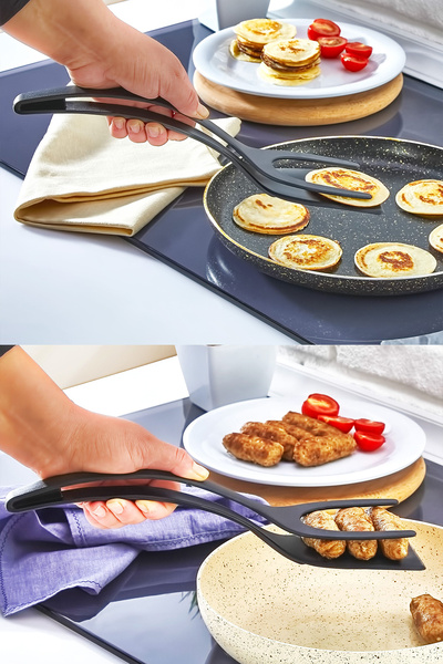 Sekiz8 Set of 2 Teflon Pasta Tongs and Spatula with Tongs, Fireproof, Non-Stick Practical Kitchen Serving Set