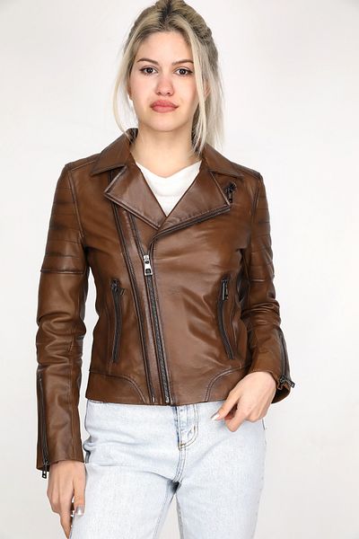 EGE DERİ 100% GENUINE LEATHER DOUBLE ZIPPERED BLANKED TAN WOMEN COAT