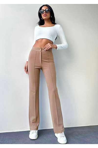 Gönen Passage Pants Jacquard Fabric Front Turned Wide Leg Flexible Lycra Model Trousers