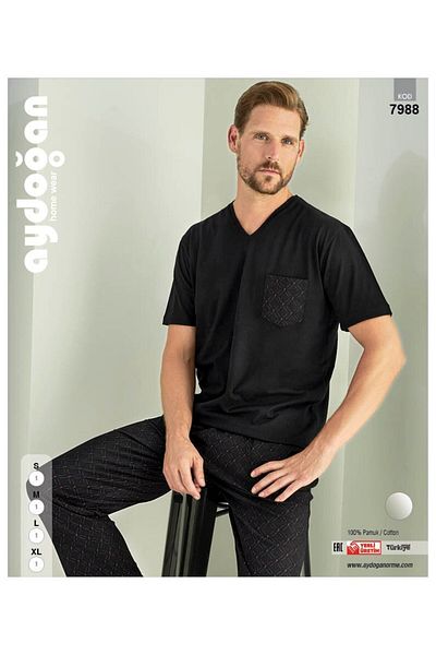 Aydoğan Men's V-Neck Black Short Sleeve 100% Cotton Pajama Set - 7988