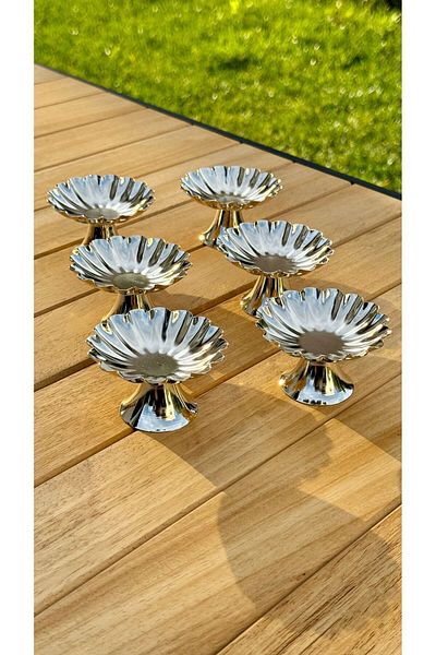 Aslı Hediyelik 6-Piece Oyster Funnel Footed Silver Coffee Side Turkish Delight, macaron, sugar bowl, presentation, coffee, treat bowl,