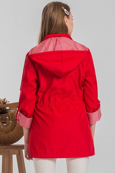 fehika Red Short Waist Lace up Hooded Lined Ultra Light Trench Coat Raincoat with Water Repellent Features