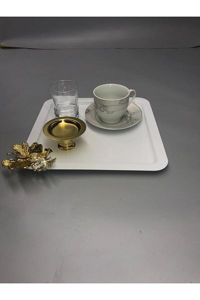 Aslı Hediyelik Stainless Steel Square White Coffee, Tea, Decorative Presentation Serving Tray with Luxury Butterfly Accessories