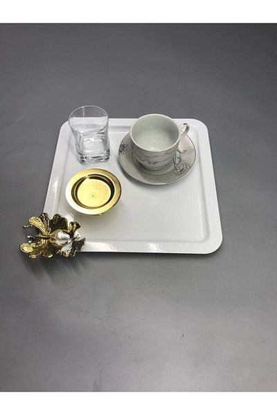 Aslı Hediyelik Stainless Steel Square White Coffee, Tea, Decorative Presentation Serving Tray with Luxury Butterfly Accessories