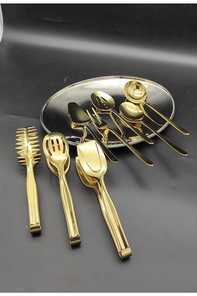 BRONDOFF 8 Pieces Titanium Gold Table Tongs Serving Set