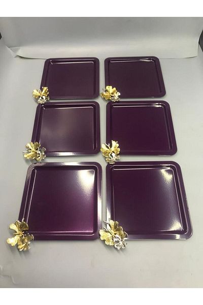 Aslı Hediyelik Stainless Steel Square Set of 6 Purple Coffee, Tea, Decorative Presentation Serving Tray with Luxury Butterfly Accessories