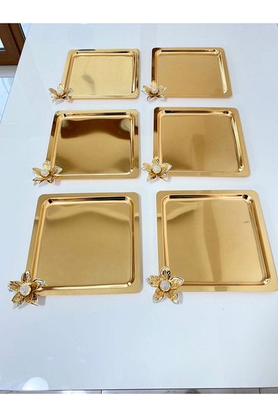 Aslı Hediyelik Luxury Lily Flower Stainless Steel Square Set of 6 Gold Coffee, Tea, Decorative Presentation Serving Tray
