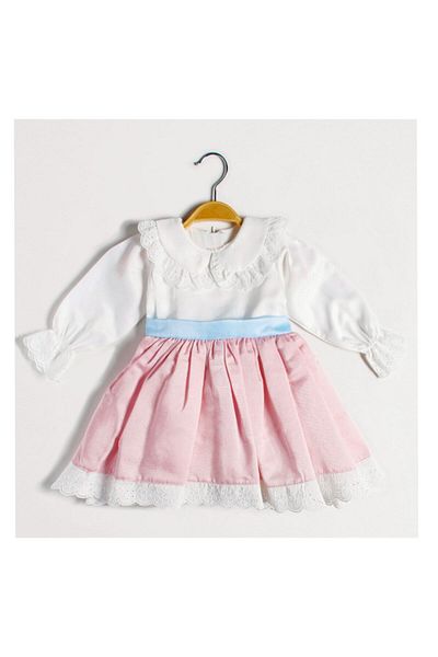 Şirin Şeyler Butiği Rochie de fetiță cu mâneci lungi Margaret, cu panglică albastră, rochie cu scoici, alb, roz, de aniversare
