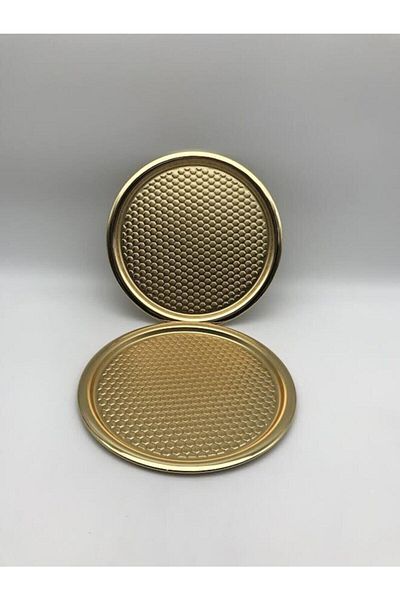 Aslı Hediyelik Set of 2 Round Patterned Gold Presentation Tray Decorative Serving Tray Tea, Coffee Treat Holder 23 Cm