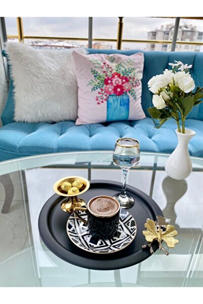 Aslı Hediyelik Gold Kelebekli Yuvarlak Siyah Sunum Tepsisi, Dekoratif Servis Tepsisi, Çay, Pasta Kahve 24 Cm