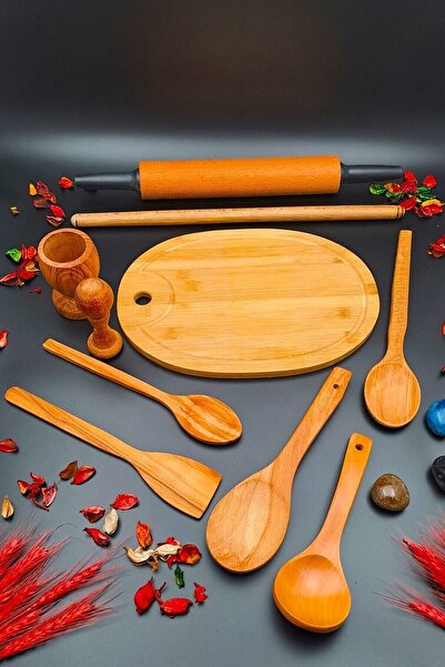 SWENCRAFT Doğal Ahşap Dönerli Merdane Oklava Mutfak Servis Kepçe Kesme Tahtas...